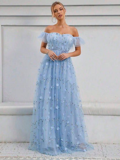 Off Shoulder Floral Appliques Mesh Overlay Dress White Elegant Wedding Bridal Dress,Bride Vacation