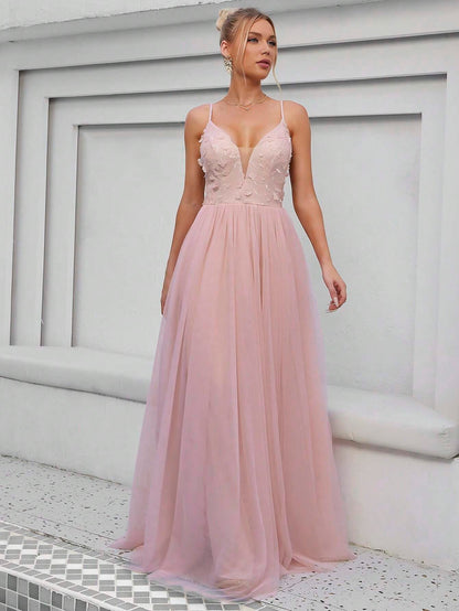 Floral Appliques Mesh Overlay Cami Wedding Dress Elegant Bridal Dress,Bride Spring