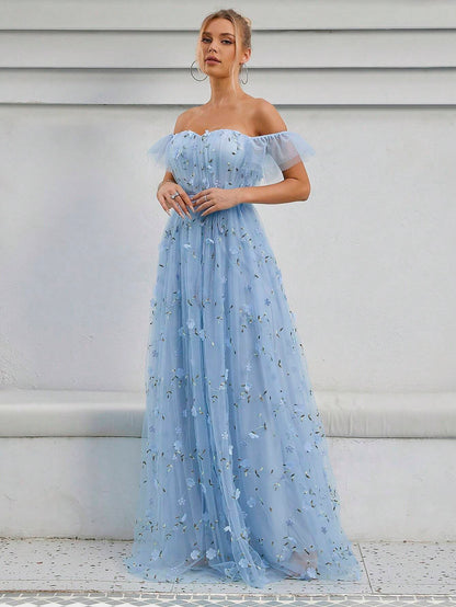Off Shoulder Floral Appliques Mesh Overlay Dress White Elegant Wedding Bridal Dress,Bride Vacation