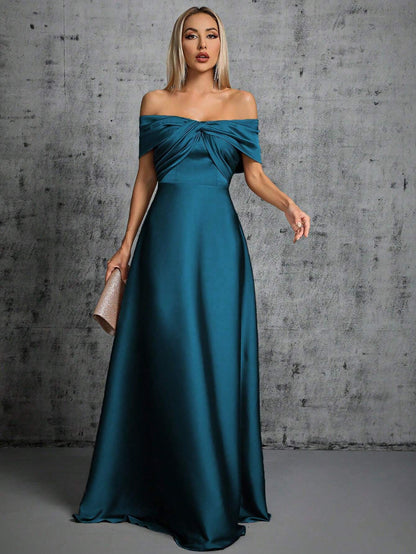 One-Shoulder Irregularly Folded Pleated Satin Long Dress With Wide Skirt Wedding