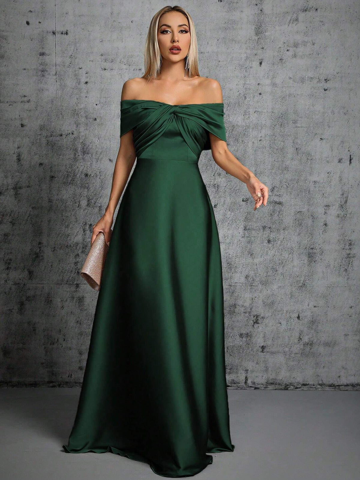 One-Shoulder Irregularly Folded Pleated Satin Long Dress With Wide Skirt Wedding