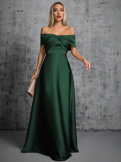 One-Shoulder Irregularly Folded Pleated Satin Long Dress With Wide Skirt Wedding