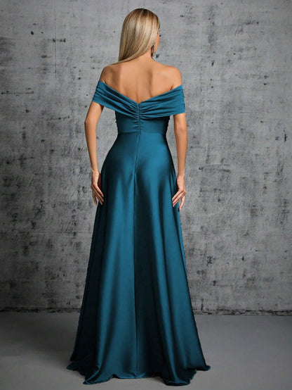 One-Shoulder Irregularly Folded Pleated Satin Long Dress With Wide Skirt Wedding