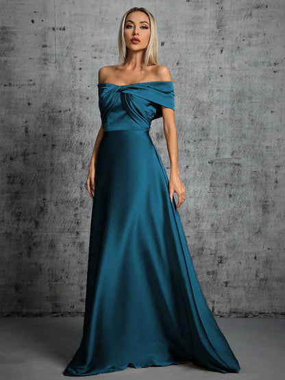 One-Shoulder Irregularly Folded Pleated Satin Long Dress With Wide Skirt Wedding