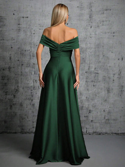 One-Shoulder Irregularly Folded Pleated Satin Long Dress With Wide Skirt Wedding