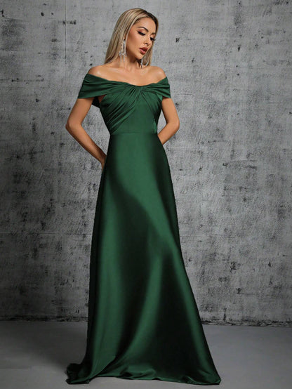 One-Shoulder Irregularly Folded Pleated Satin Long Dress With Wide Skirt Wedding