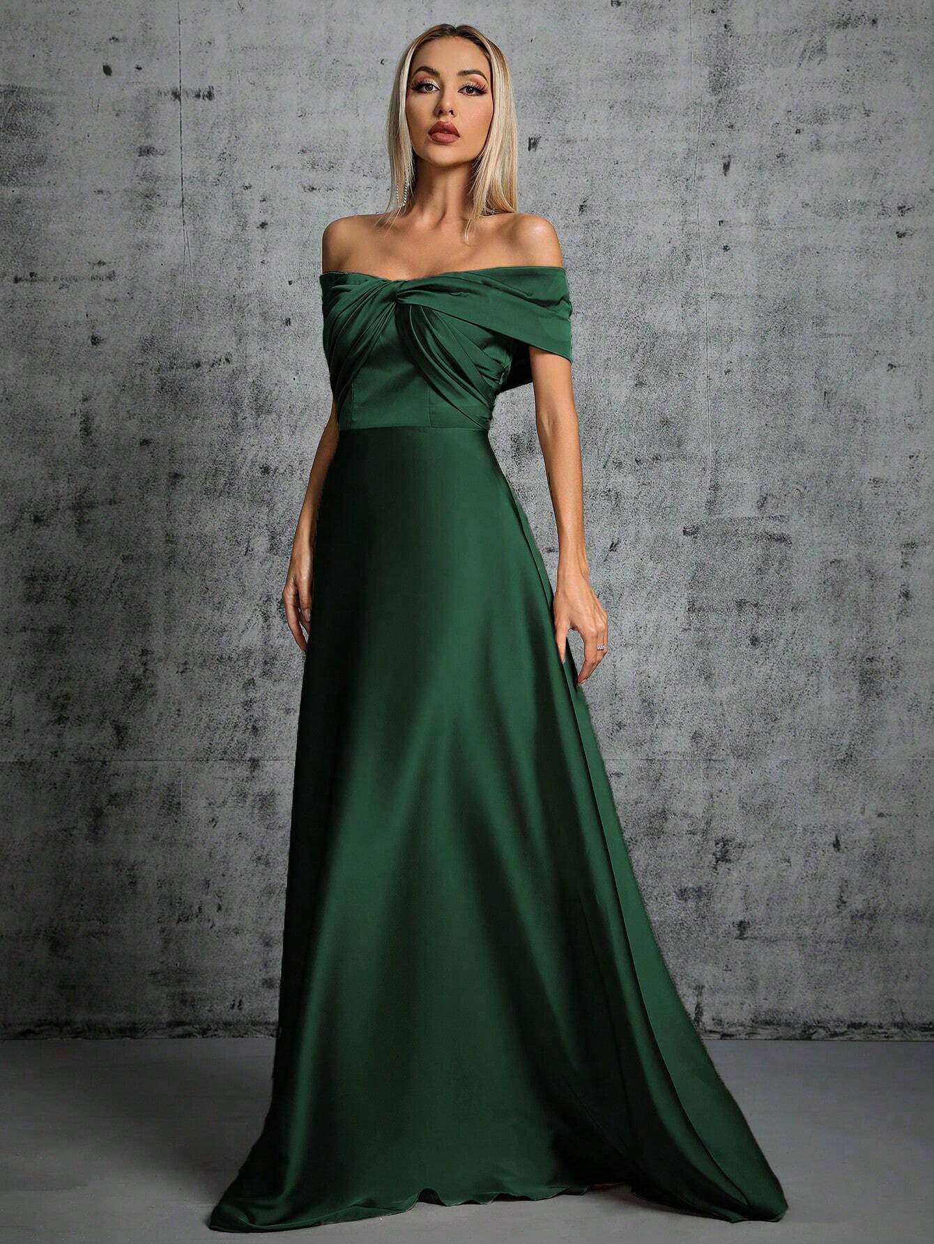 One-Shoulder Irregularly Folded Pleated Satin Long Dress With Wide Skirt Wedding