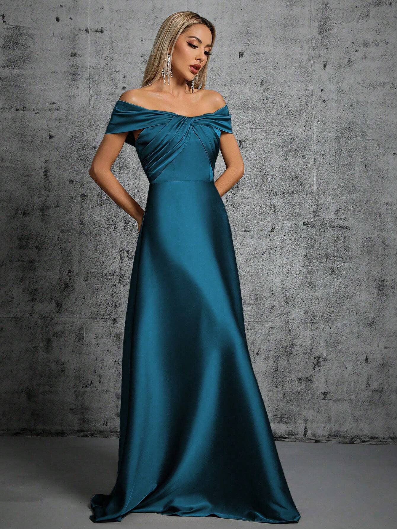 One-Shoulder Irregularly Folded Pleated Satin Long Dress With Wide Skirt Wedding