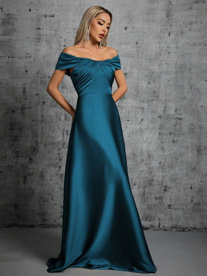 One-Shoulder Irregularly Folded Pleated Satin Long Dress With Wide Skirt Wedding