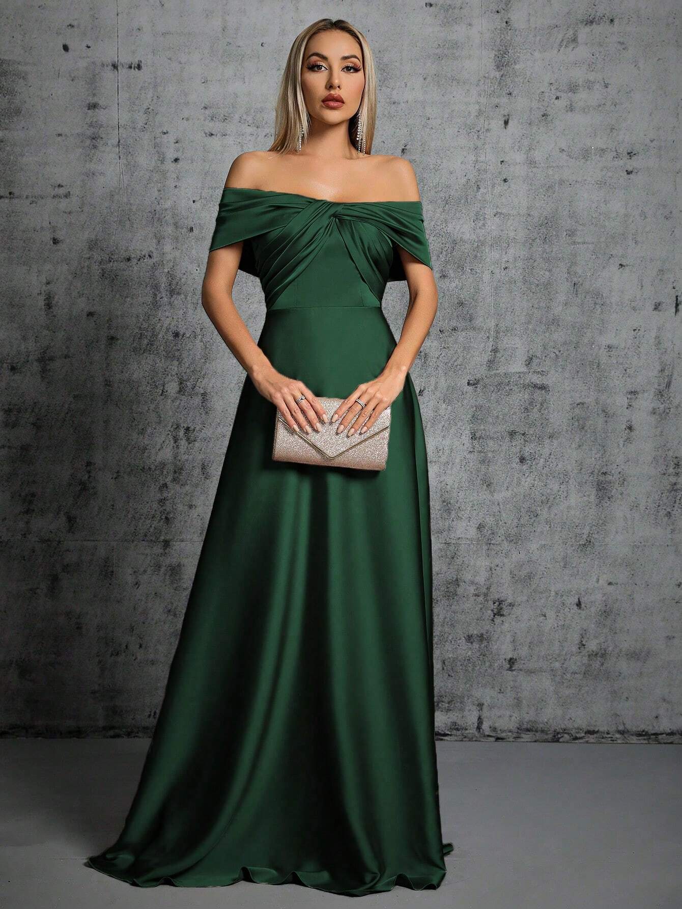 One-Shoulder Irregularly Folded Pleated Satin Long Dress With Wide Skirt Wedding