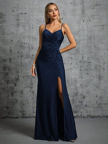 Ruched Split Thigh Bridesmaid Dress Elegant Formal Evening Prom Wedding Guest Gown, For Graduation, Dinner Party Dress