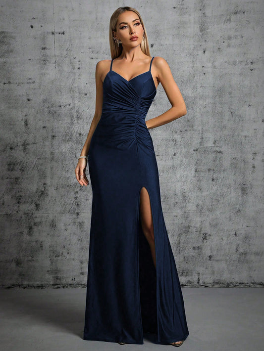 Ruched Split Thigh Bridesmaid Dress Elegant Formal Evening Prom Wedding Guest Gown, For Graduation, Dinner Party Dress