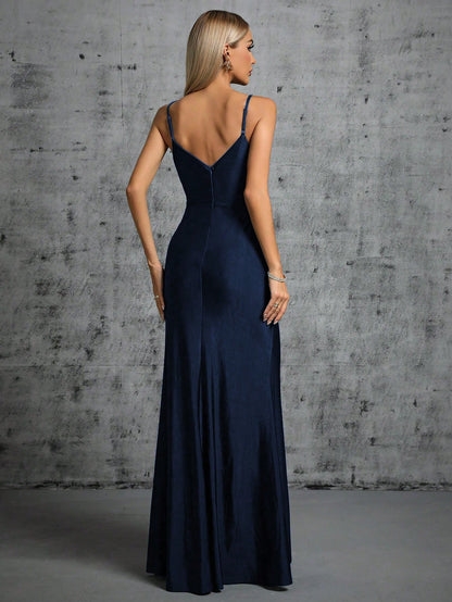 Ruched Split Thigh Bridesmaid Dress Elegant Formal Evening Prom Wedding Guest Gown, For Graduation, Dinner Party Dress
