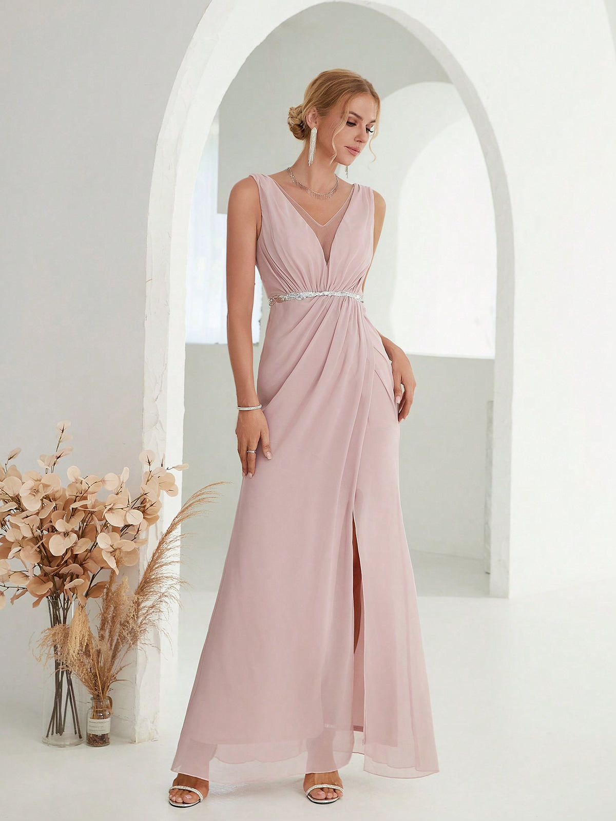Deep V-Neck Backless Glittery Silver Sash Pleated Chiffon Party Split Dress Elegant Bridesmaid Dress Wedding Spring