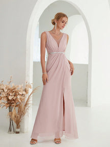 Deep V-Neck Backless Glittery Silver Sash Pleated Chiffon Party Split Dress Elegant Bridesmaid Dress Wedding Spring
