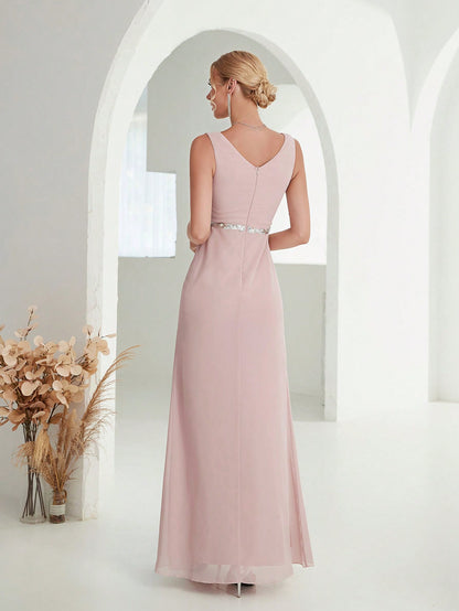 Deep V-Neck Backless Glittery Silver Sash Pleated Chiffon Party Split Dress Elegant Bridesmaid Dress Wedding Spring