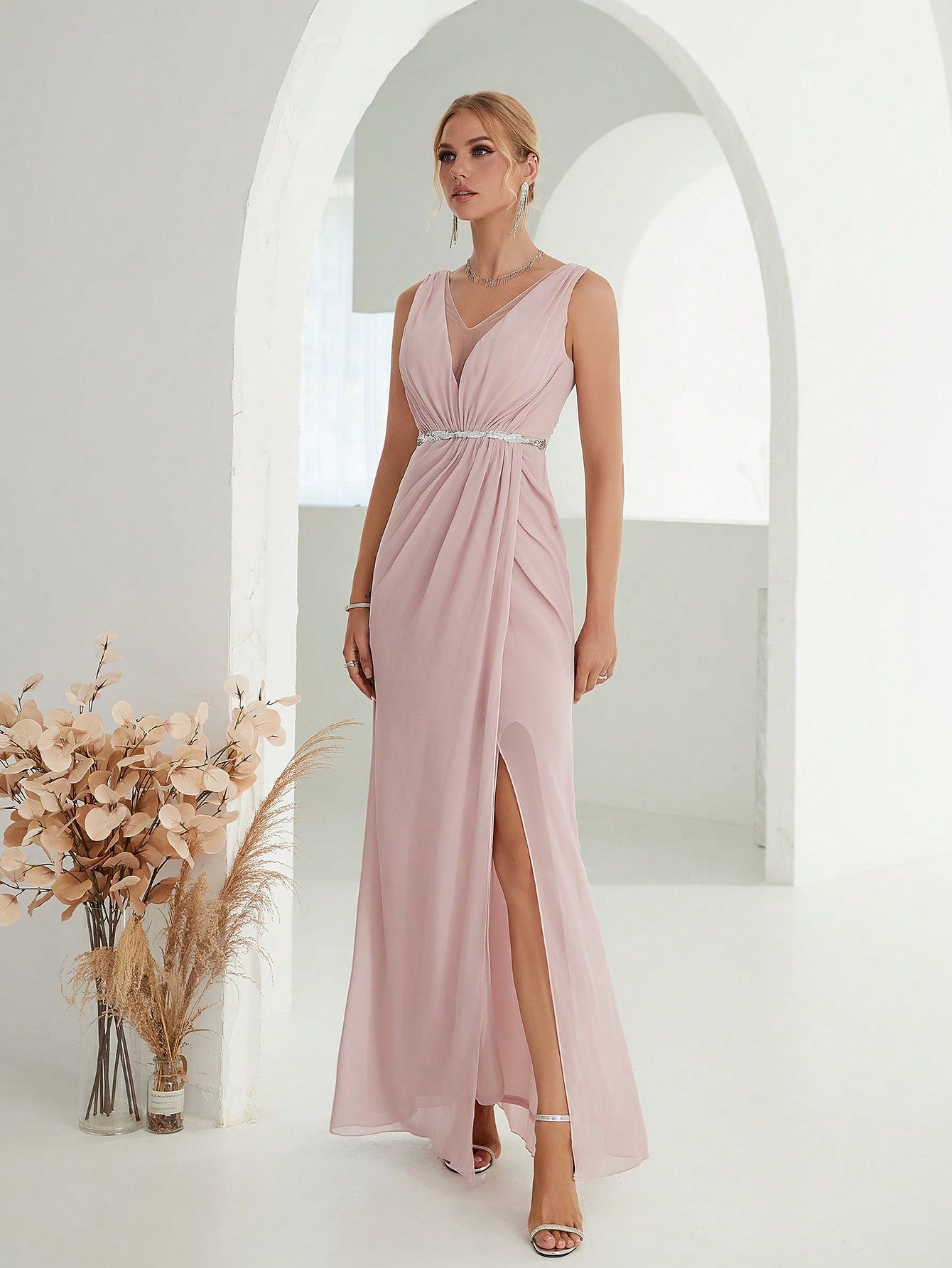 Deep V-Neck Backless Glittery Silver Sash Pleated Chiffon Party Split Dress Elegant Bridesmaid Dress Wedding Spring