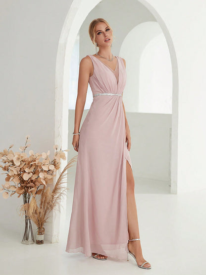 Deep V-Neck Backless Glittery Silver Sash Pleated Chiffon Party Split Dress Elegant Bridesmaid Dress Wedding Spring