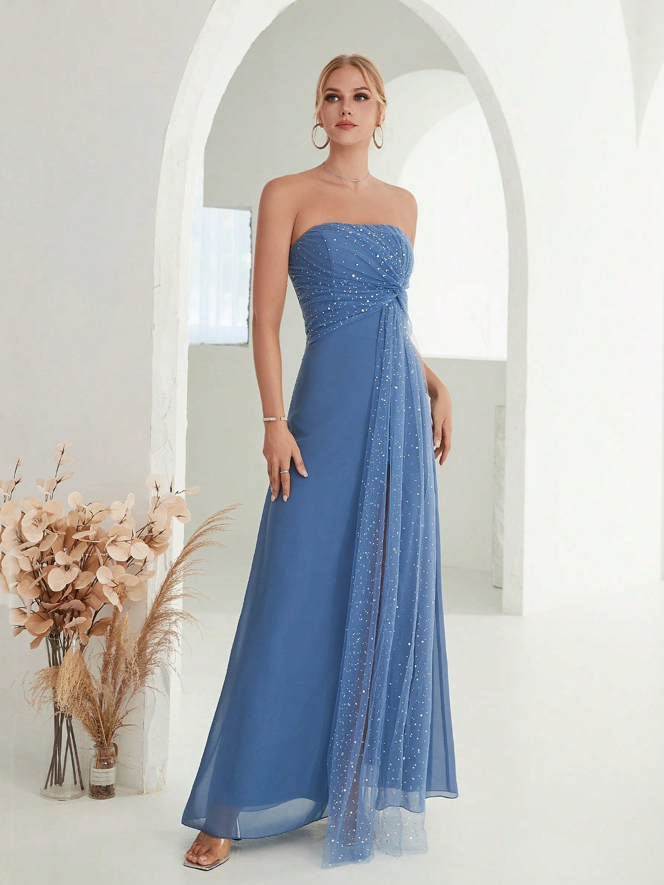 Mesh Net Frayed Ribbon Silk Skirt With Slits