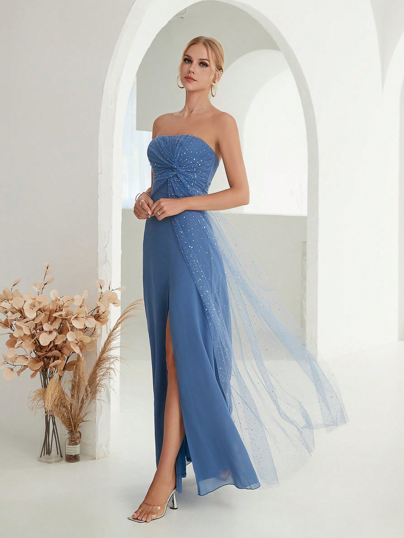 Mesh Net Frayed Ribbon Silk Skirt With Slits