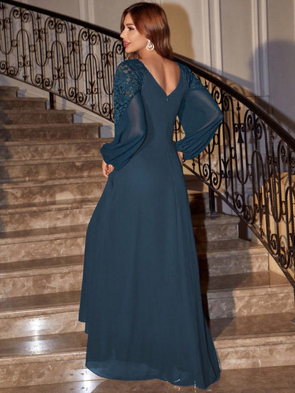 Fall Winter Elegant Romance Woman Spliced Tulle Lace Lantern Sleeve High Slit Bridesmaid Dress For Festival Party Wedding & Prom Birthday
