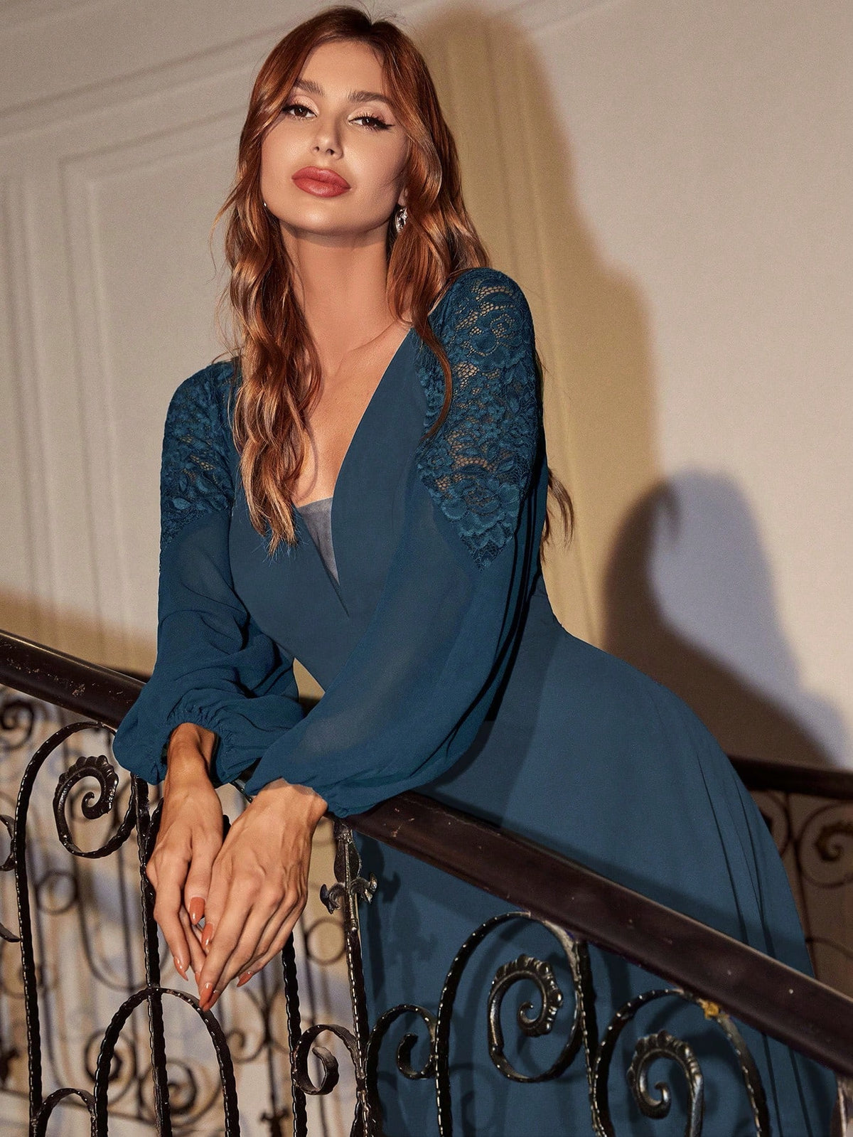 Fall Winter Elegant Romance Woman Spliced Tulle Lace Lantern Sleeve High Slit Bridesmaid Dress For Festival Party Wedding & Prom Birthday