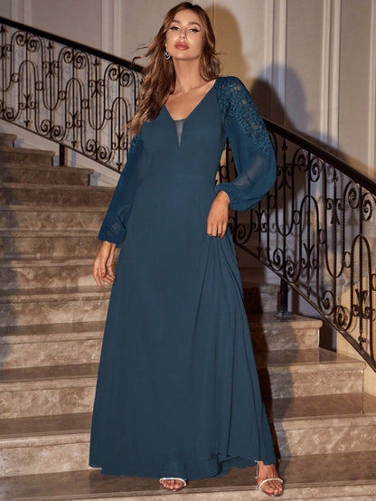 Fall Winter Elegant Romance Woman Spliced Tulle Lace Lantern Sleeve High Slit Bridesmaid Dress For Festival Party Wedding & Prom Birthday