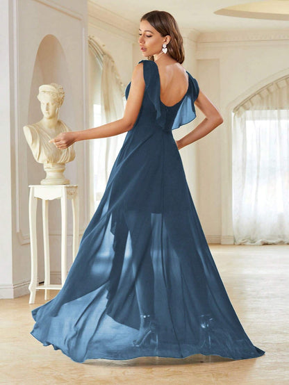 Asymmetrical Ruched Chiffon Elegant Bridesmaid Dress Wedding