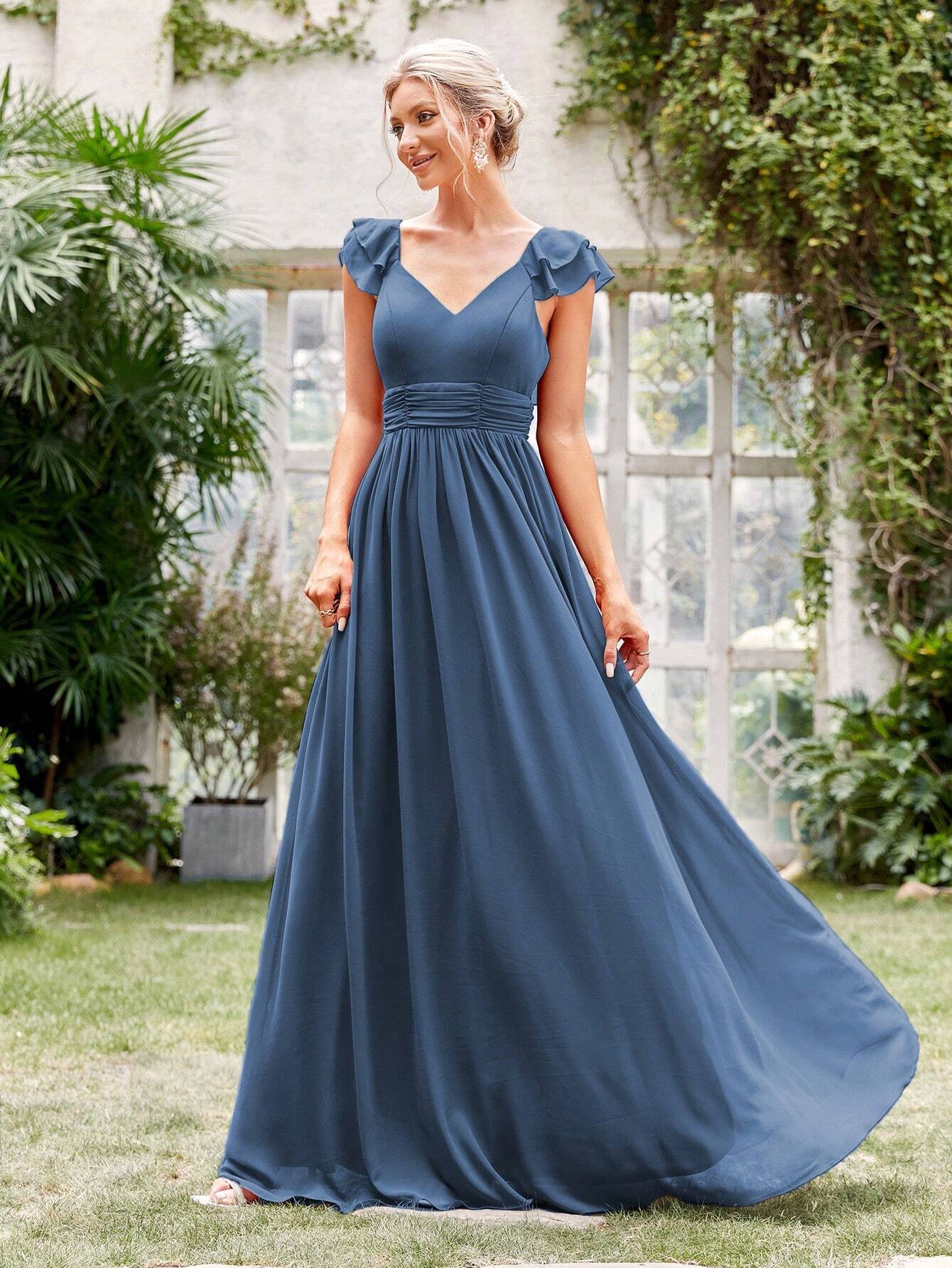 Ruched Layered Ruffle Trim Maxi Bridesmaid Dress Elegant Dress Wedding