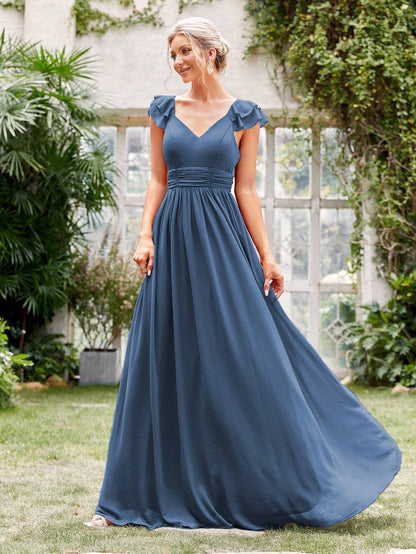 Ruched Layered Ruffle Trim Maxi Bridesmaid Dress Elegant Dress Wedding