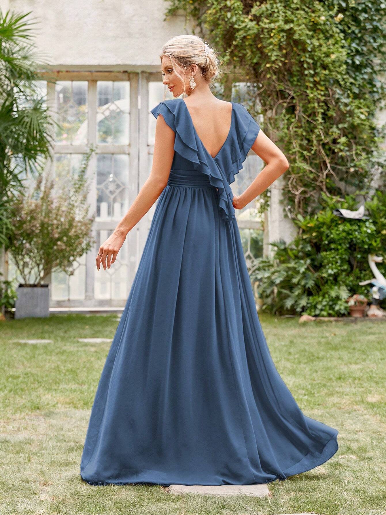 Ruched Layered Ruffle Trim Maxi Bridesmaid Dress Elegant Dress Wedding