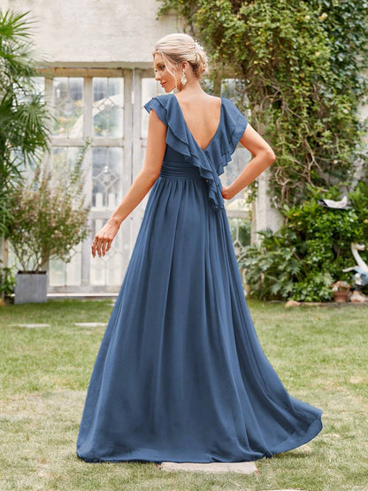 Ruched Layered Ruffle Trim Maxi Bridesmaid Dress Elegant Dress Wedding