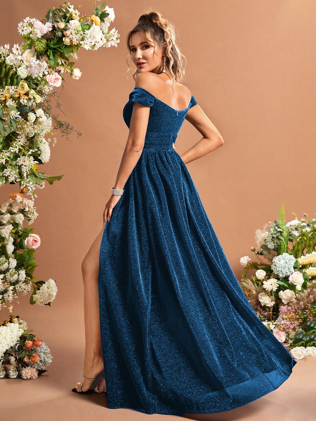 Lady's Glittering One-Sleeve High-Arc Back Bridal Gown For Adults Wedding Party
