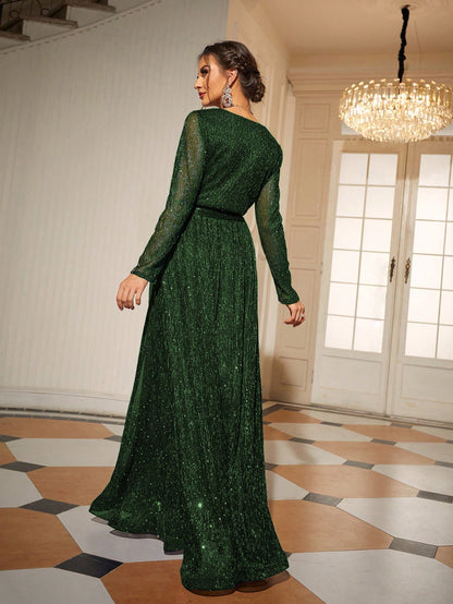 Glitter Surplice Plunging Belted Maxi Formal Dress, Prom Evening Gown, For Wedding Guest, Graduation, Dinner, Party Dress Spring