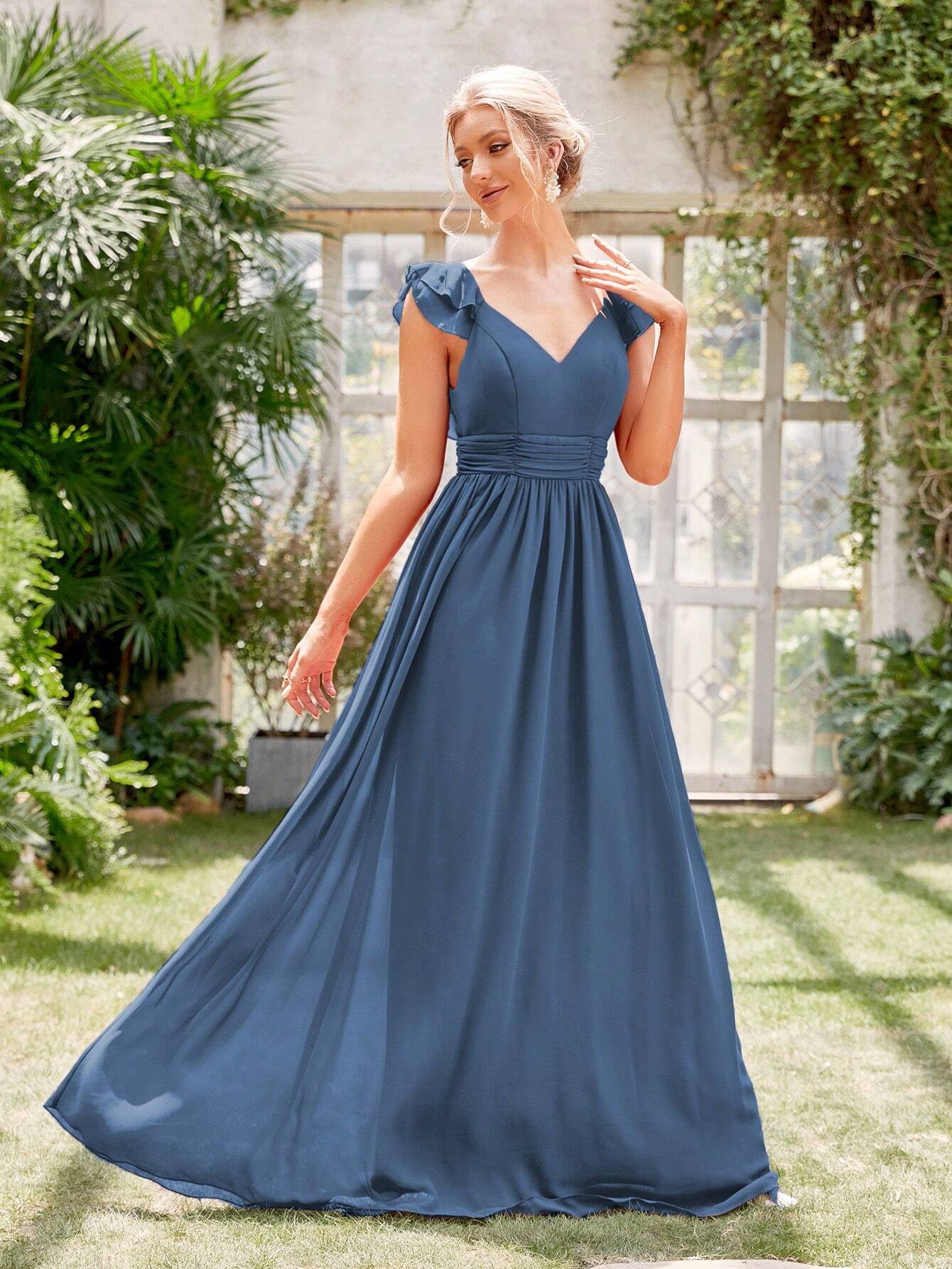 Ruched Layered Ruffle Trim Maxi Bridesmaid Dress Elegant Dress Wedding