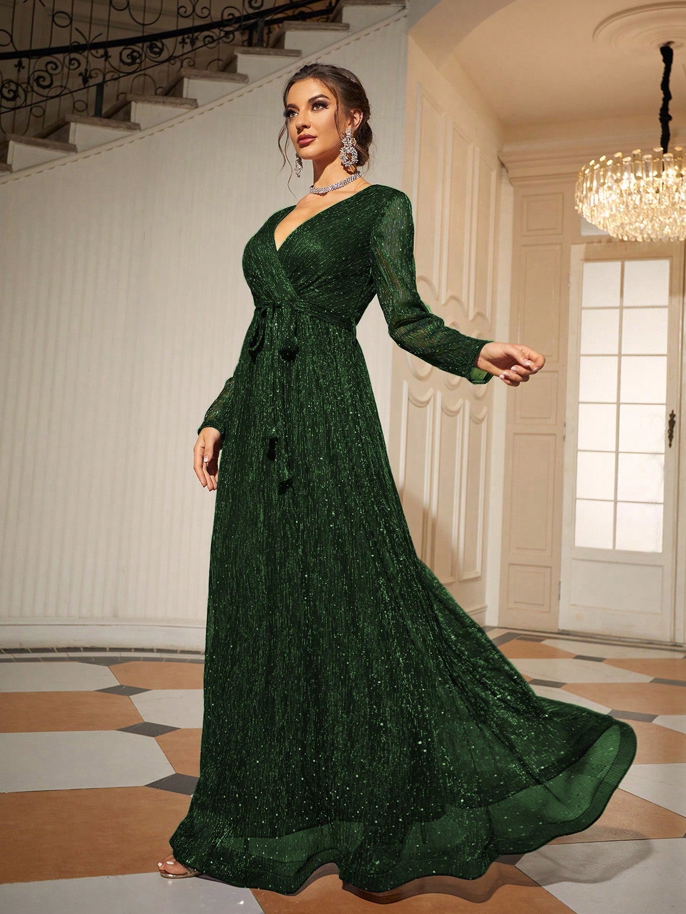 Glitter Surplice Plunging Belted Maxi Formal Dress, Prom Evening Gown, For Wedding Guest, Graduation, Dinner, Party Dress Spring
