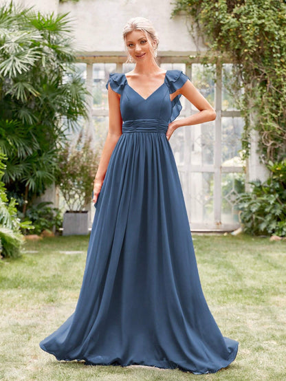 Ruched Layered Ruffle Trim Maxi Bridesmaid Dress Elegant Dress Wedding