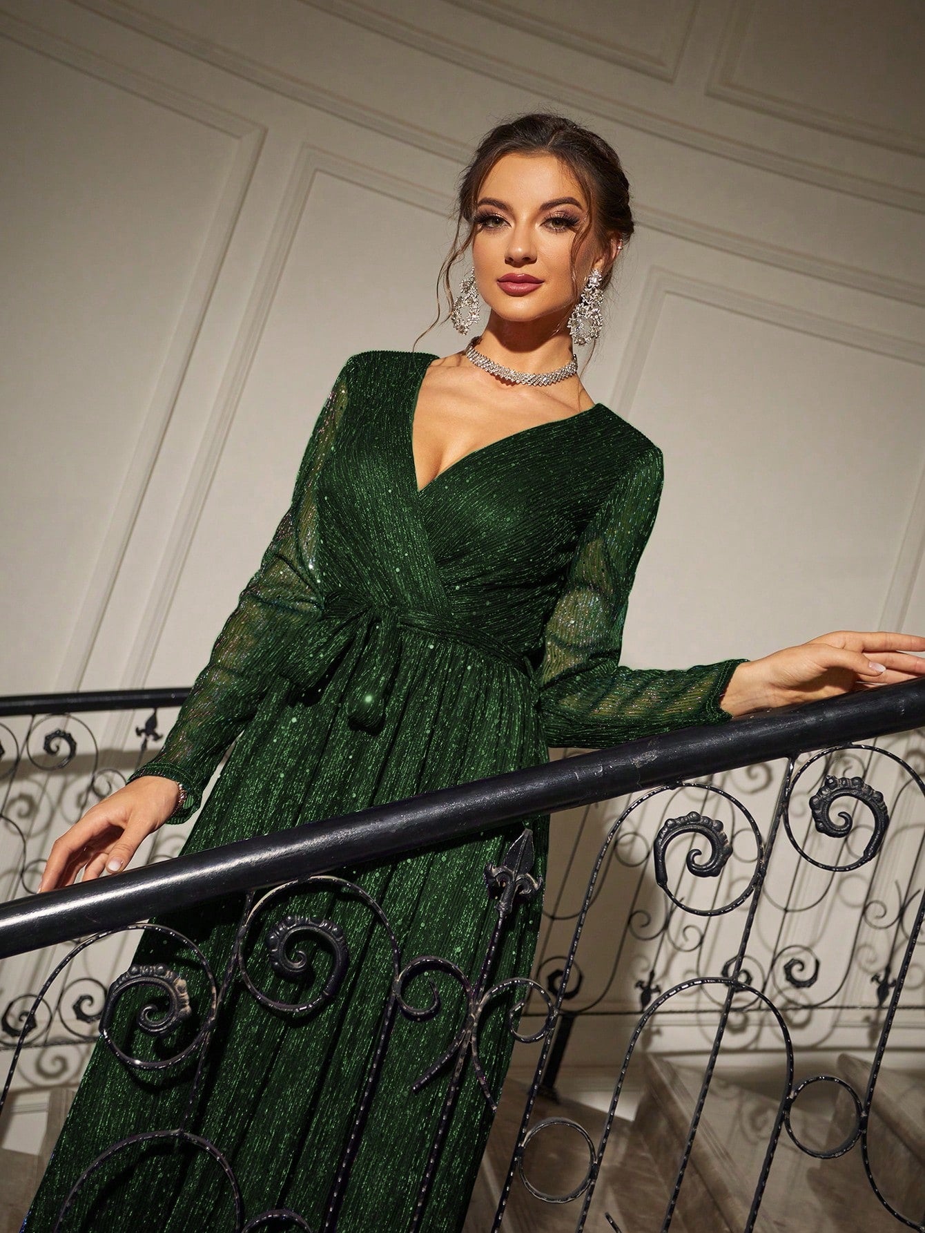 Glitter Surplice Plunging Belted Maxi Formal Dress, Prom Evening Gown, For Wedding Guest, Graduation, Dinner, Party Dress Spring
