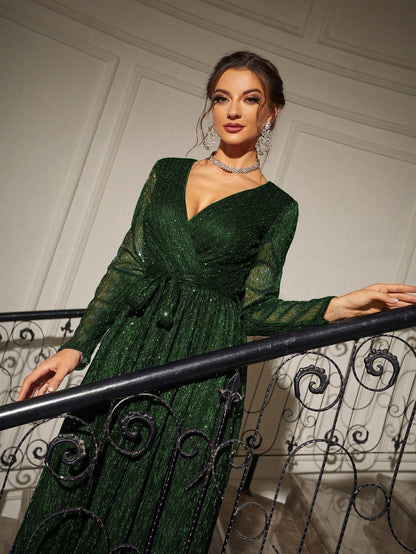 Glitter Surplice Plunging Belted Maxi Formal Dress, Prom Evening Gown, For Wedding Guest, Graduation, Dinner, Party Dress Spring