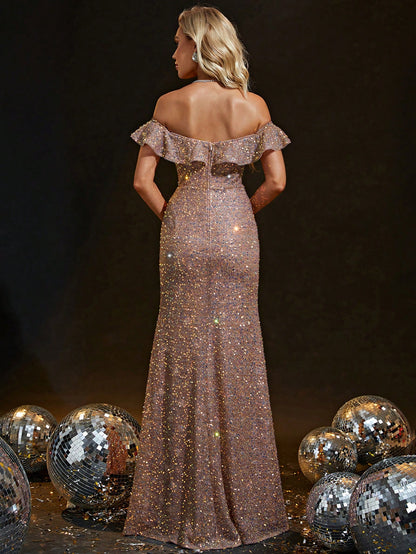Off Shoulder Split Thigh Sequin Formal Dress