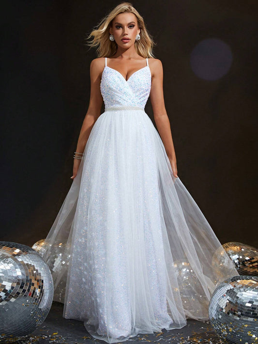 Spaghetti Strap Ruched Bust Pearl Waistband Tulle Sequin A-Line Wedding Dress Maxi Gown White