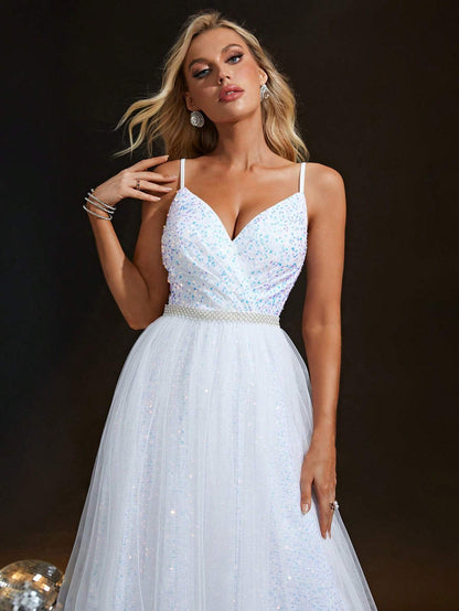 Spaghetti Strap Ruched Bust Pearl Waistband Tulle Sequin A-Line Wedding Dress Maxi Gown White