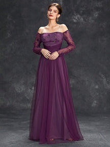 Off Shoulder Floral Embroidery Mesh Formal Dress Elegant Long Sleeve Prom Evening Wedding Guest Gown, For Graduation, Dinner