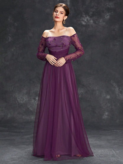 Off Shoulder Floral Embroidery Mesh Formal Dress Elegant Long Sleeve Prom Evening Wedding Guest Gown, For Graduation, Dinner