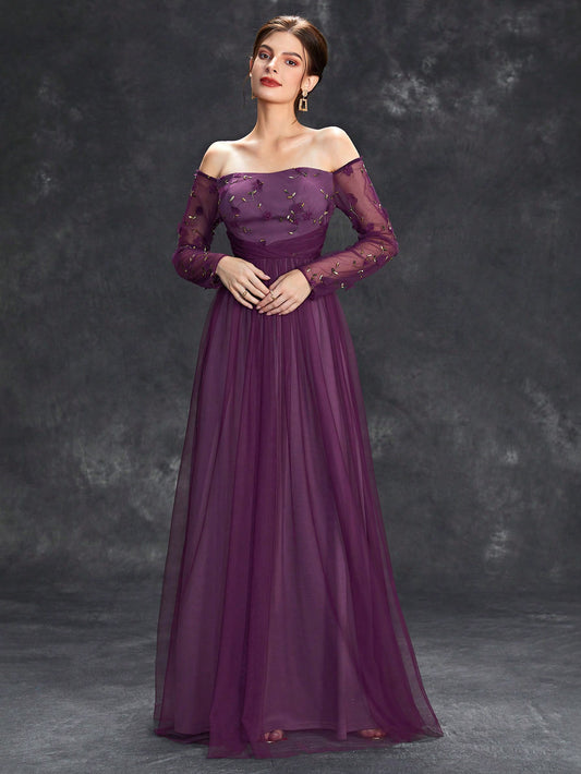 Off Shoulder Floral Embroidery Mesh Formal Dress Elegant Long Sleeve Prom Evening Wedding Guest Gown, For Graduation, Dinner
