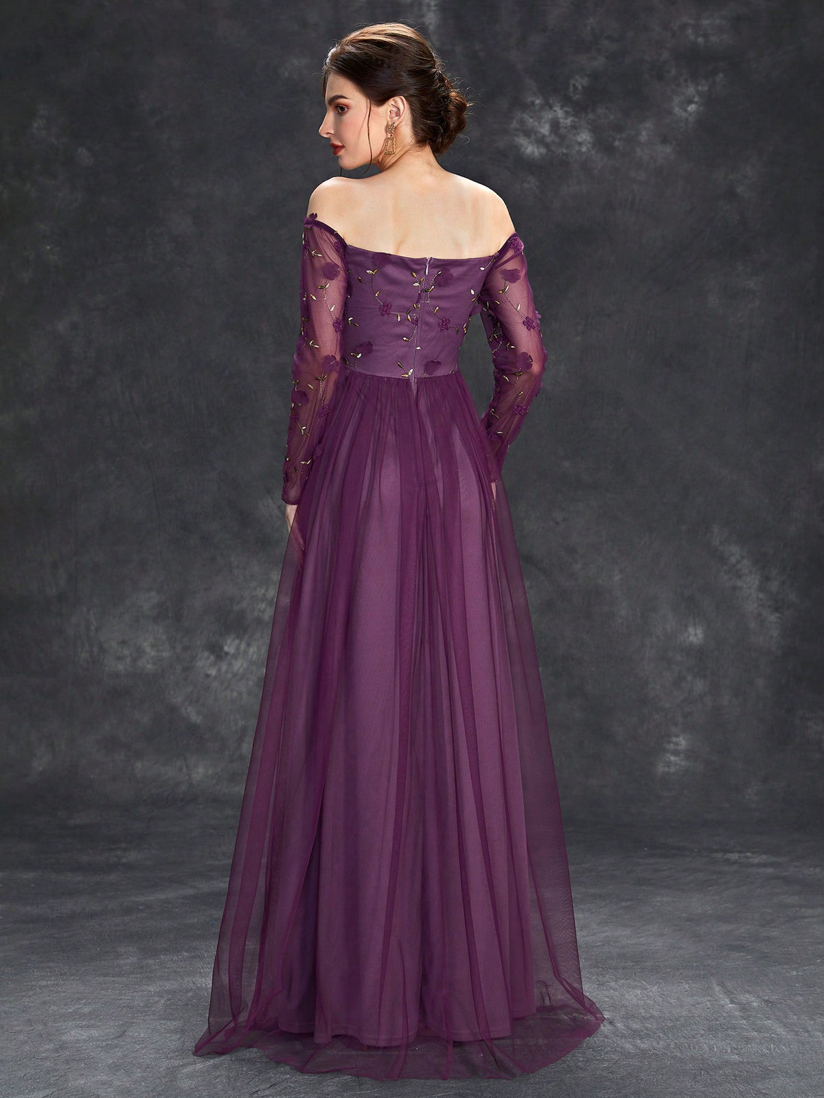 Off Shoulder Floral Embroidery Mesh Formal Dress Elegant Long Sleeve Prom Evening Wedding Guest Gown, For Graduation, Dinner