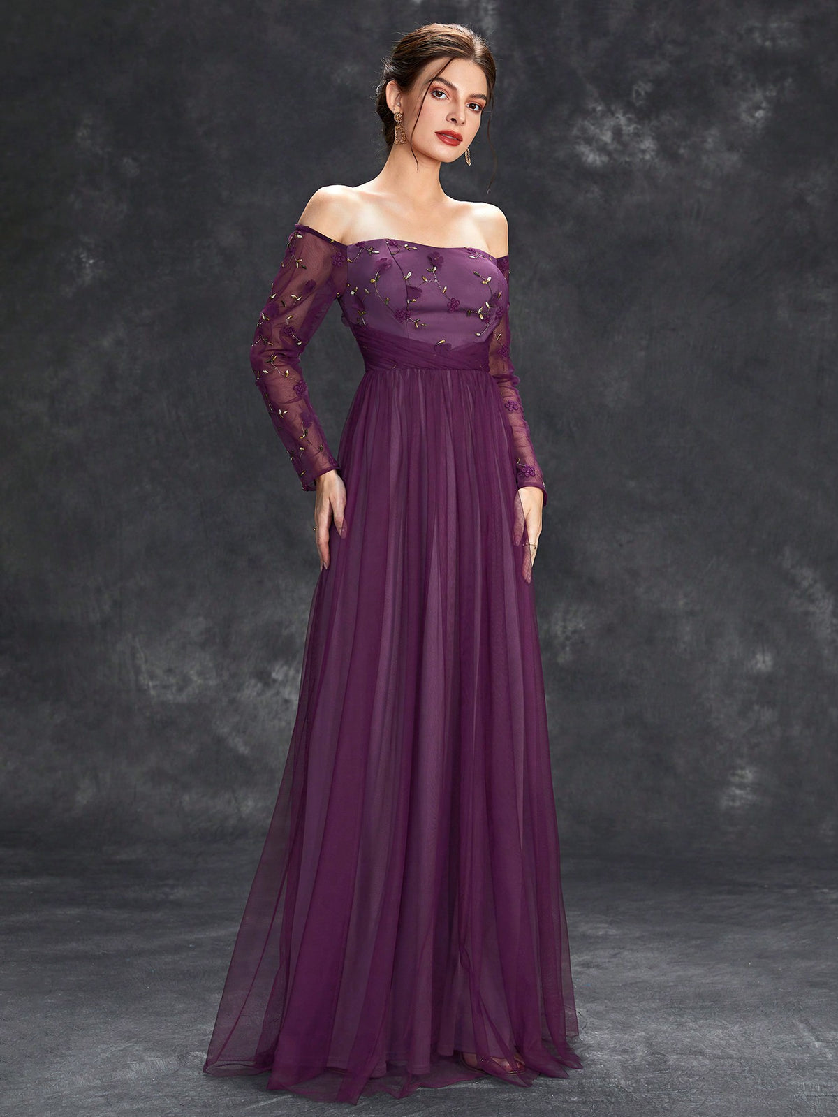 Off Shoulder Floral Embroidery Mesh Formal Dress Elegant Long Sleeve Prom Evening Wedding Guest Gown, For Graduation, Dinner