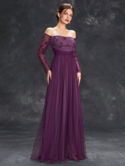 Off Shoulder Floral Embroidery Mesh Formal Dress Elegant Long Sleeve Prom Evening Wedding Guest Gown, For Graduation, Dinner
