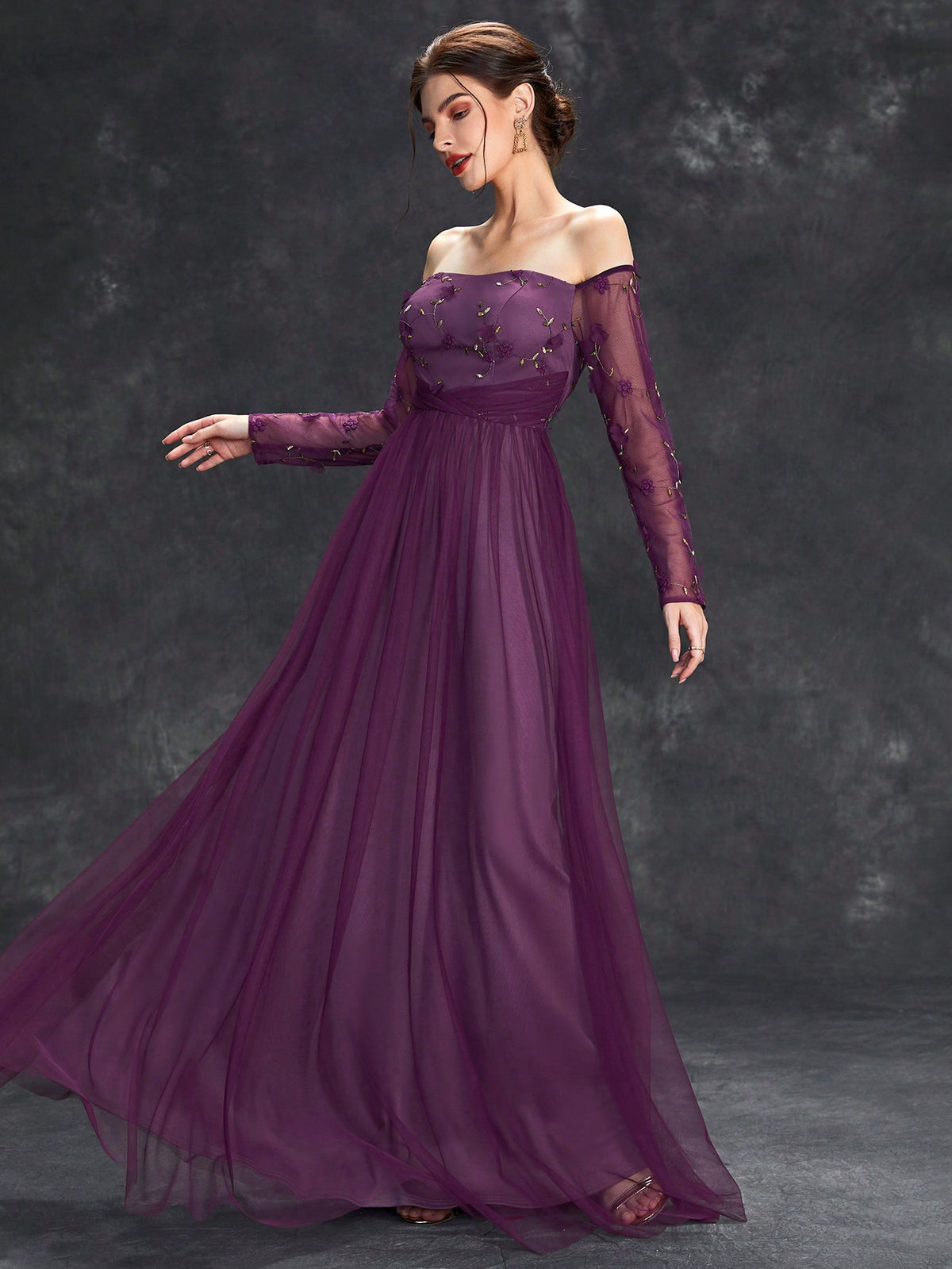 Off Shoulder Floral Embroidery Mesh Formal Dress Elegant Long Sleeve Prom Evening Wedding Guest Gown, For Graduation, Dinner