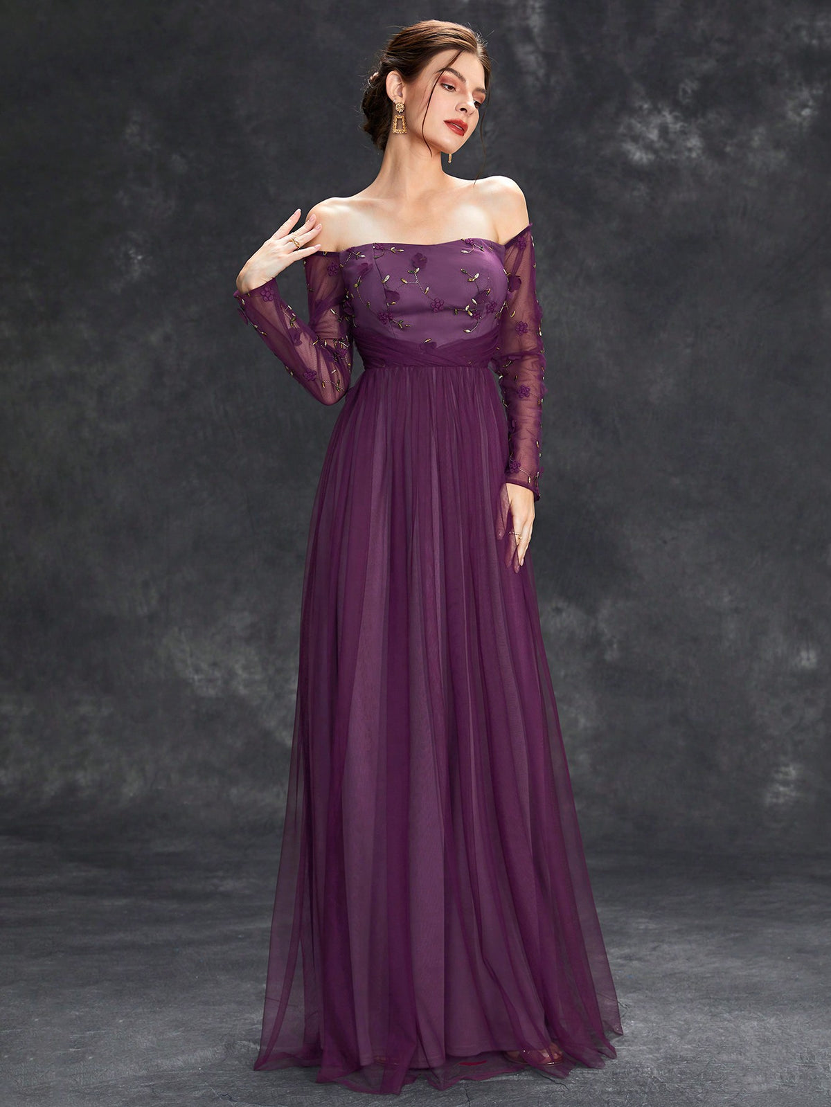 Off Shoulder Floral Embroidery Mesh Formal Dress Elegant Long Sleeve Prom Evening Wedding Guest Gown, For Graduation, Dinner